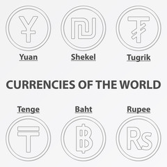 Set of six lineart icon with currency signs of the world. Lineart yuan, shekel, tugrik, tenge, baht and rupee.