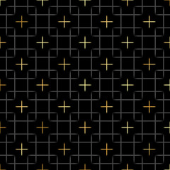 Black squares and gold star geometric pattern in repeat. Fabric print. Seamless background, mosaic ornament, ethnic style. Design for prints on fabrics, textile, surface, paper, wallpaper, interior