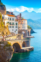 Morning view of Amalfi cityscape on coast line of mediterranean sea, Italy © proslgn