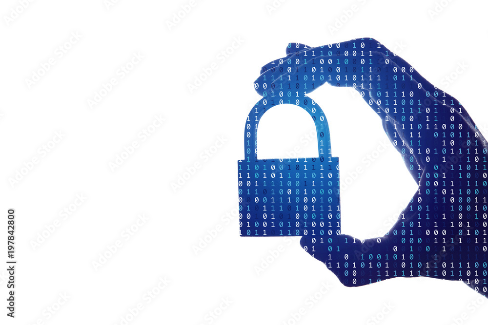 Poster silhouette of a hand holding a padlock with binary digital code. security and privacy.