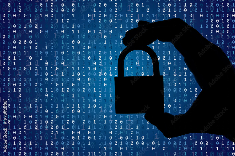 Poster silhouette of a hand holding a padlock with binary digital code. security and privacy.