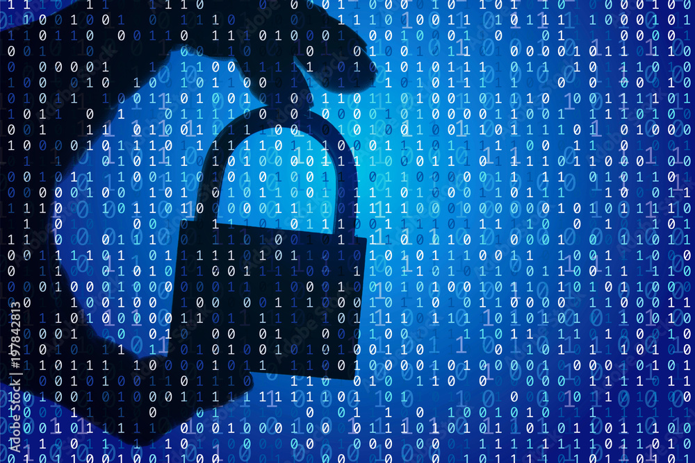 Poster silhouette of a hand holding a padlock with binary digital code. security and privacy.