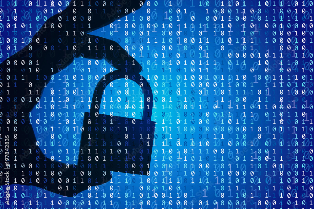 Poster silhouette of a hand holding a padlock with binary digital code. security and privacy.