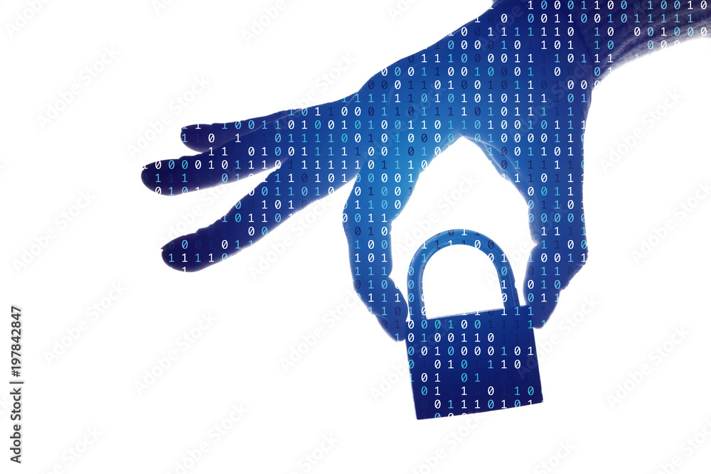 Poster silhouette of a hand holding a padlock with binary digital code. security and privacy.