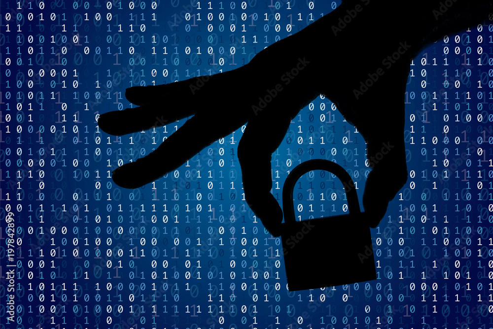Poster silhouette of a hand holding a padlock with binary digital code. security and privacy.