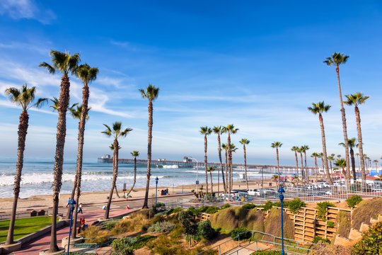 California Oceanside pier over the ocean with palm trees and beach, travel destination