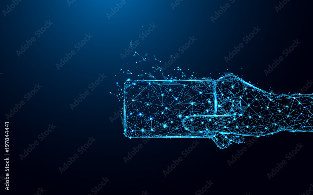Aufkleber abstract hand holding credit card form lines and triangles, point connecting network on blue backgro