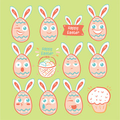 Easter day egg emoji, egg smile icons set, vector, cartoon, design, color