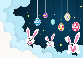 Easter day,eggs with cloud and sky.paper art style.