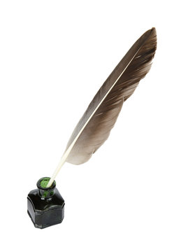 Feather and inkwell on a white background
