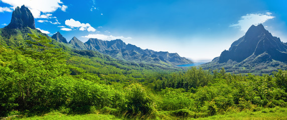 Rotui mountain with Cook's Bay and Opunohu Bay on the tropical pacific island of Moorea - obrazy, fototapety, plakaty