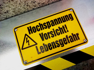 Warning sign Hochspannung Vorsicht! Lebensgefahr, German for: High voltage. Caution! Danger to life