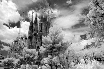 La Sagrada Familia - the impressive cathedral designed by Gaudi, which is being build since 19 March 1882 and is not finished yet in Barcelona, Spain - obrazy, fototapety, plakaty