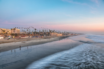 View of the beach from the pier at sunset, in Oceanside, California - 197846634