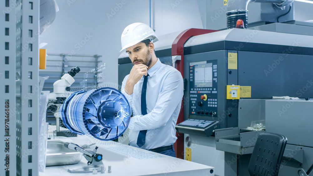 Poster in high tech futuristic factory chief engineer works with holographic projection 3d model of the eng