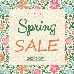 Design of a poster with hand drawn flowers - Spring Sale. Vector.