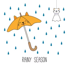 Sierkussen Hand drawn vector illustration of a kawaii cat umbrella, Japanese teruterubozu doll, under the rian. Isolated objects on white background. Line drawing. Design concept for rainy season children print. © Maria Skrigan