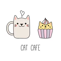 Sierkussen Hand drawn vector illustration of a kawaii funny steaming mug cup, cupcake with cat ears. Isolated objects on white background. Line drawing. Design concept for cat cafe, children print. © Maria Skrigan