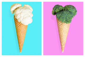 Ice cream cones with vegetables. Minimal art concept