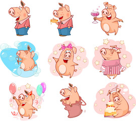 Obraz premium Set of Cartoon Illustration. Cute Pigs in Different Poses for you Design. Cartoon Character