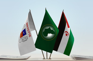 Flags of Mayotte African Union and Sahrawi Arab Democratic Republic