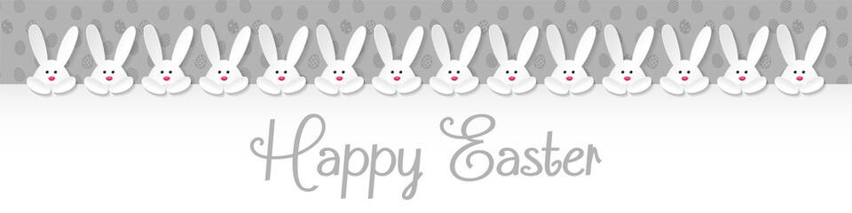 Easter header with cute white bunnies and greetings. Vector.