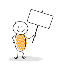 Funny cartoon stickman holding empty banner. Vector.