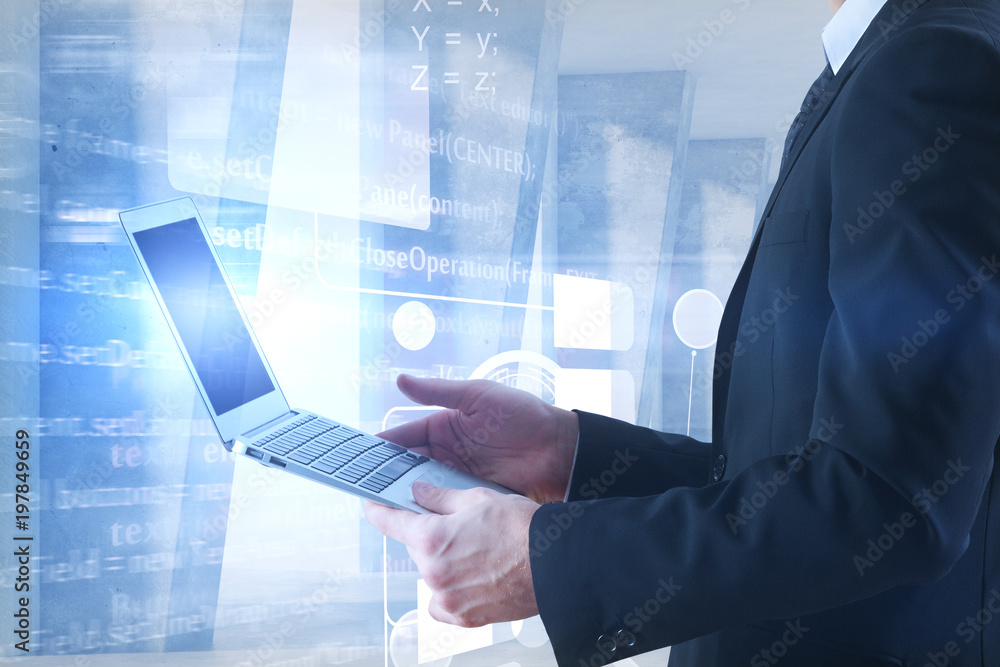 Aufkleber Man using laptop with blurry code