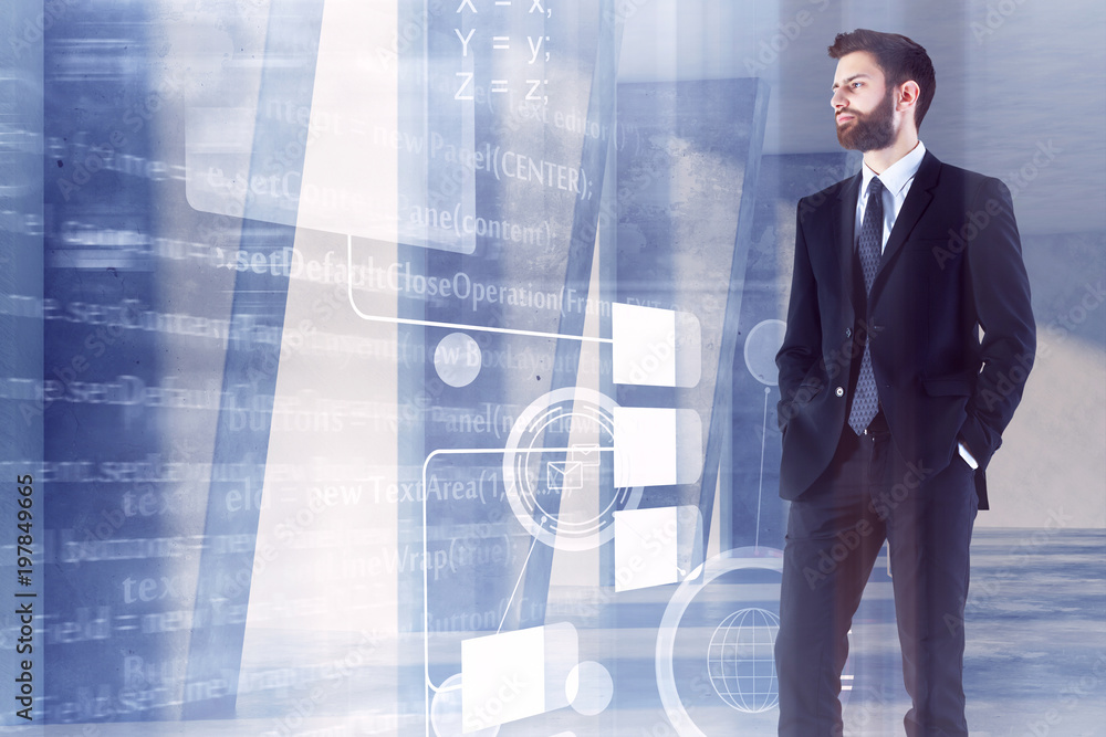 Poster Man with blurry computing pattern