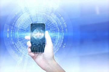 Hand holding smartphone with interface