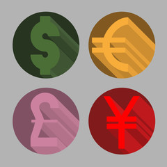 round icons of most popular world currency dollar, euro, pound and yen