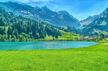 Papier Peint photo Cervin Landscape of the mountain lake and the Swiss Alps. Engelberg Resort