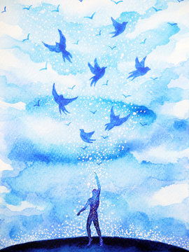 abstract human flying birds spiritual mind in blue cloud sky illustration watercolor painting design hand drawn