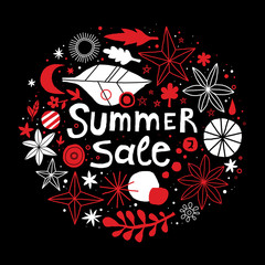 Summer sale template with flowers and abstract hand drawn elements. Useful for advertising, graphic design, invitations, cards and posters.