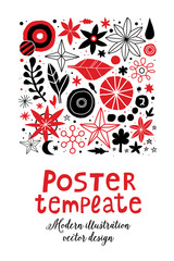 Creative poster template with flowers and abstract hand drawn elements. Useful for advertising, graphic design, cards and invitations.