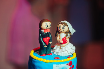 decorated table with sweets, chocolate, cream, juice, compote, jelly, condensed milk, cake, bise, sweets at a wedding party