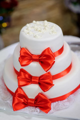 decorated table with sweets, chocolate, cream, juice, compote, jelly, condensed milk, cake, bise, sweets at a wedding party