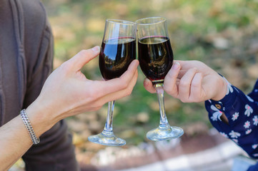 Couple at picnic, wine, alcohol, drink, red, celebration, bottle, toast, red wine, dinner, picnic, rest, feelings, hands, love