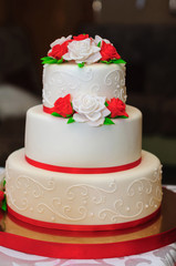 decorated table with sweets, chocolate, cream, juice, compote, jelly, condensed milk, cake, bise, sweets at a wedding party