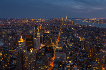 Aerial view of Manhattan at night, New York.
