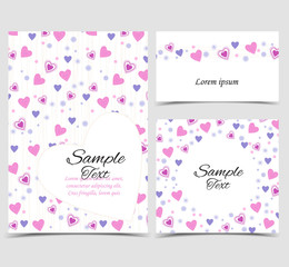 Vector illustration decoration of hearts. Background with pink heart. Set of greeting cards