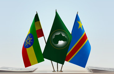 Flags of Ethiopia African Union and Democratic Republic of the Congo (DRC, DROC, Congo-Kinshasa)