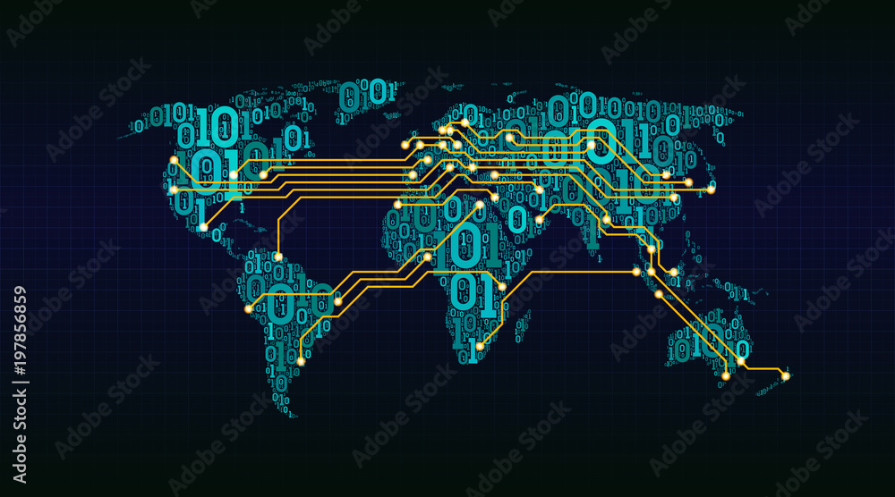 Poster Abstract world map from a digital binary code on a grid background, connection between cities in the form of a printed circuit board, well organized layers