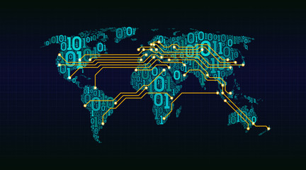 Abstract world map from a digital binary code on a grid background, connection between cities in the form of a printed circuit board, well organized layers