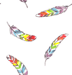 Obraz na płótnie Canvas Seamless pattern with brightly colored rainbow feathers painted in watercolor on white isolated background