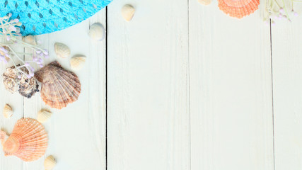 beach straw hat and seashells on a wooden background.photo with place for text