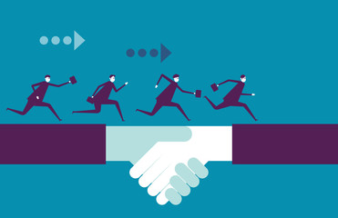 Business teamwork people running on handshake. Vector illustration leader business concept.