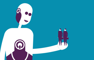 Robot holding human. Vector illustration replacement business concept.