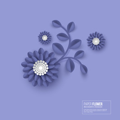 Paper cut flower blue color. 3d paper craft style. Decorative element for greeting card, holiday background. Vector illustration.