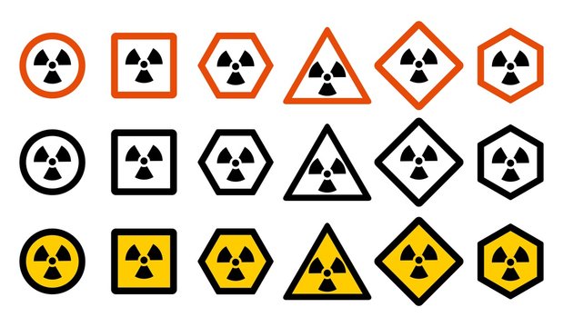Industry concept. Set of different radiation hazard signs for your web site design, logo, app, UI. Radioactive nuclear symbol isolated on white background. Radioactivity. Dangerous area Icons.